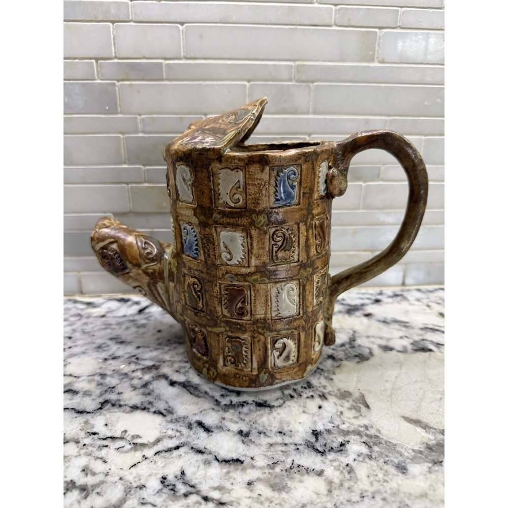 Vintage Pottery Pitcher Glazed Antique Brown Garden Scape